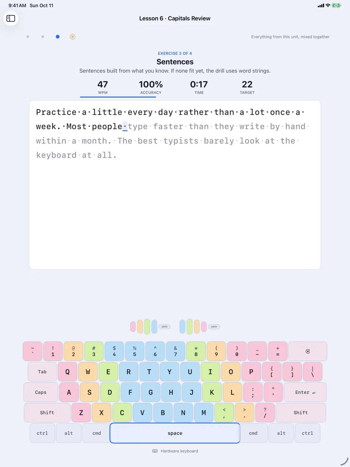 The iPad app mid-lesson with a keyboard attached: 47 words per minute at 100% accuracy, the sentence being typed, the hands guide and the full keyboard with the space bar lit