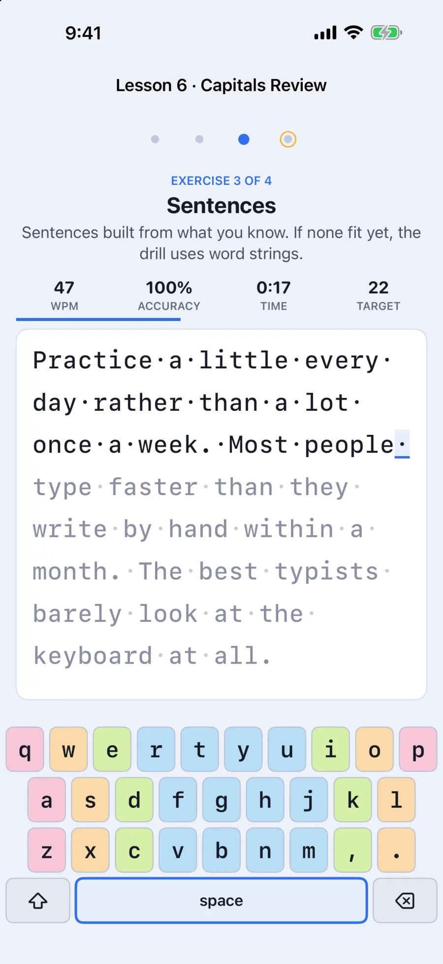 The iPhone app mid-lesson: 47 words per minute at 100% accuracy, with the on-screen keyboard below the text